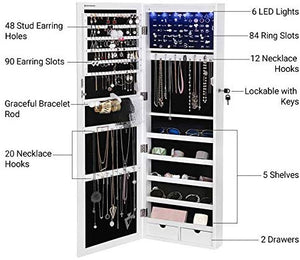 6 LEDs Cabinet Lockable 47.3" H Wall/Door Mounted Jewelry Armoire Organizer